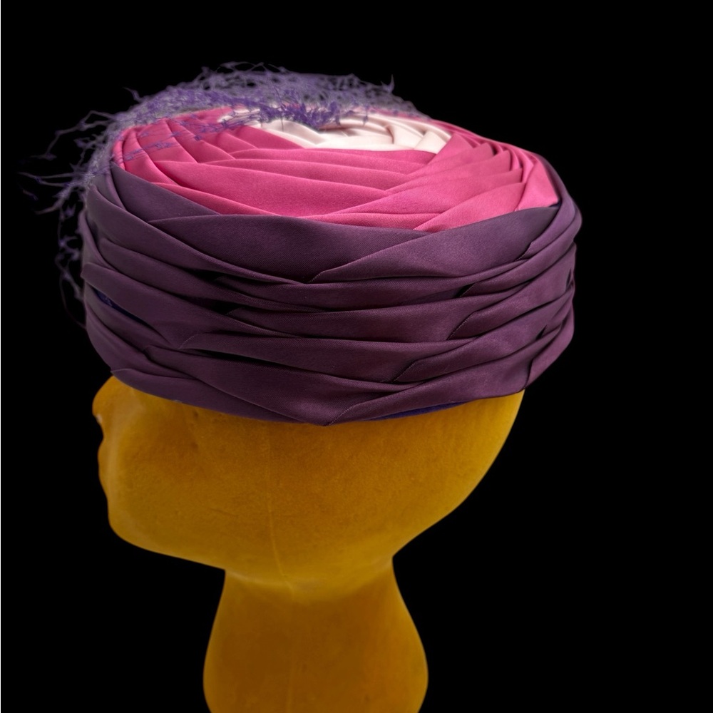 Vintage Marche Exclusive Turban Pillbox Purple and Pink Hat with Veil - Picture 4 of 7
